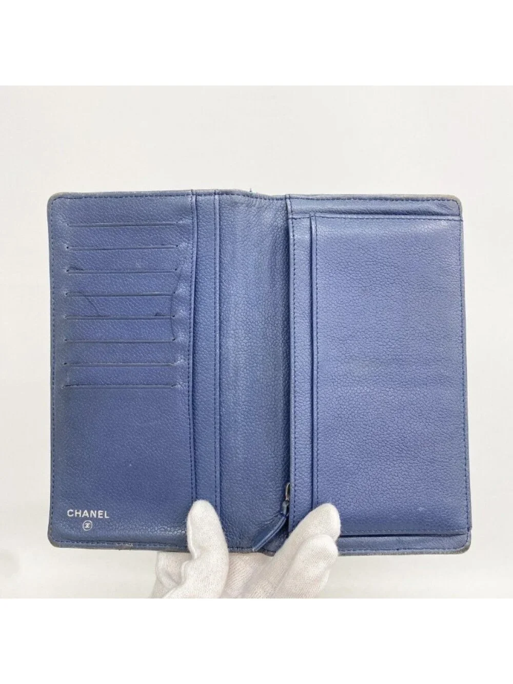 Chanel Wallet Quilted Caviar Leather Blue Silver